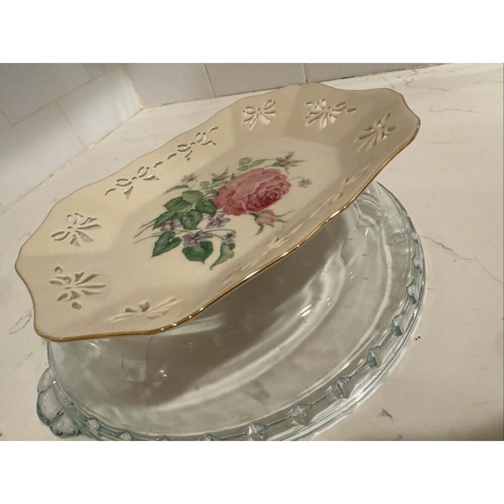 Victorian Rose Collection by Lenox Pierced Ribbon Rectangular Vanity Tray 9" USA - Picture 12 of 16